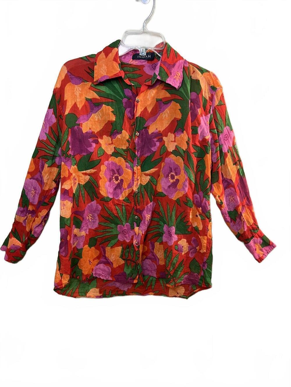Indah Vibrant Floral 100% Cotton Button-Up Top Tropical Boho Size Small